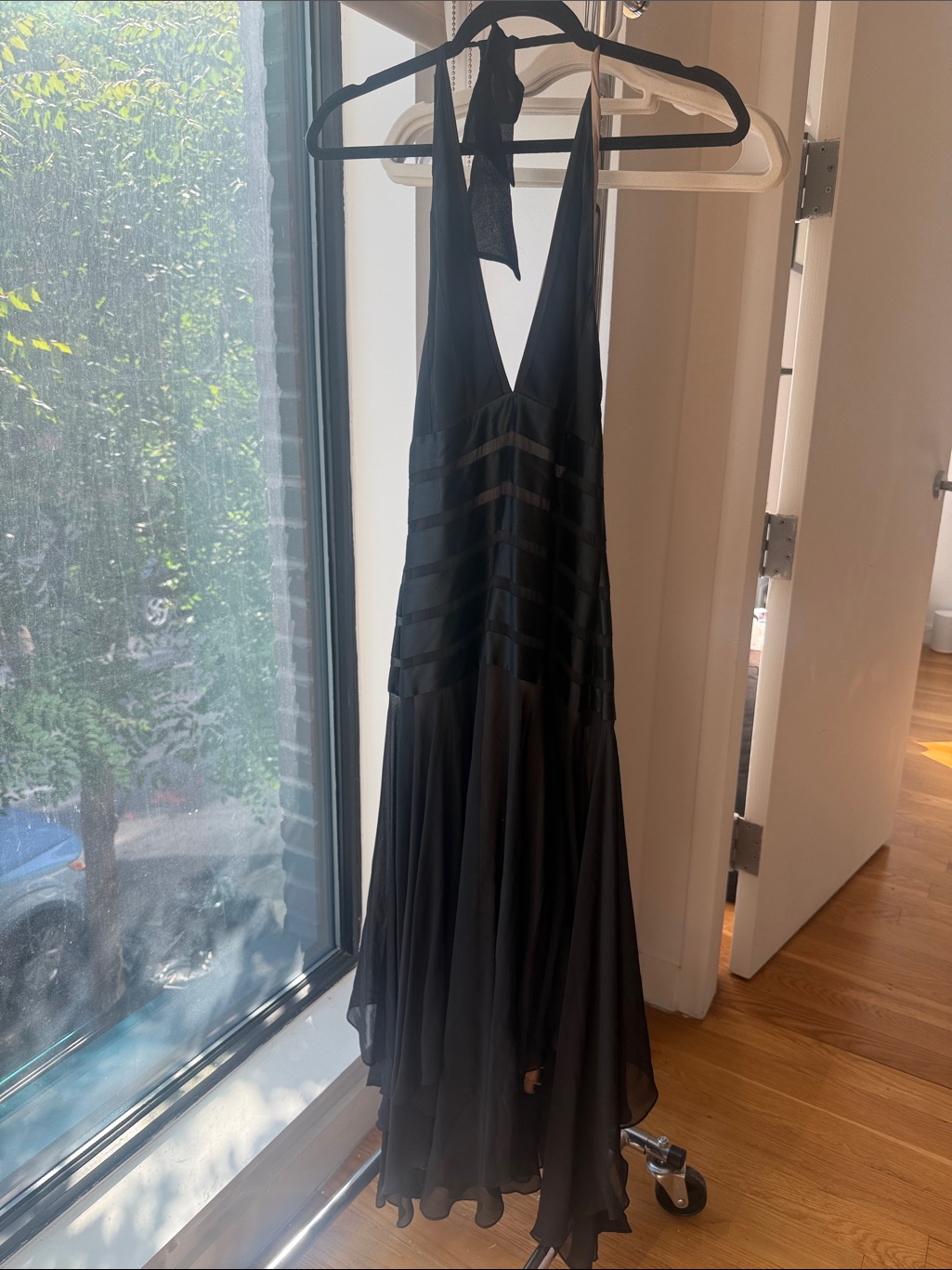 Bcbgmaxazria Black Halter Midi Dress With Sheer Skirt